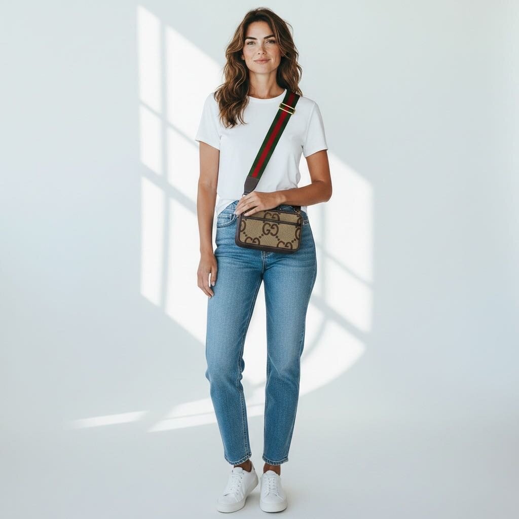 Gucci Monogram Jumbo GG Textured Dollar Web Crossbody Bag Camel