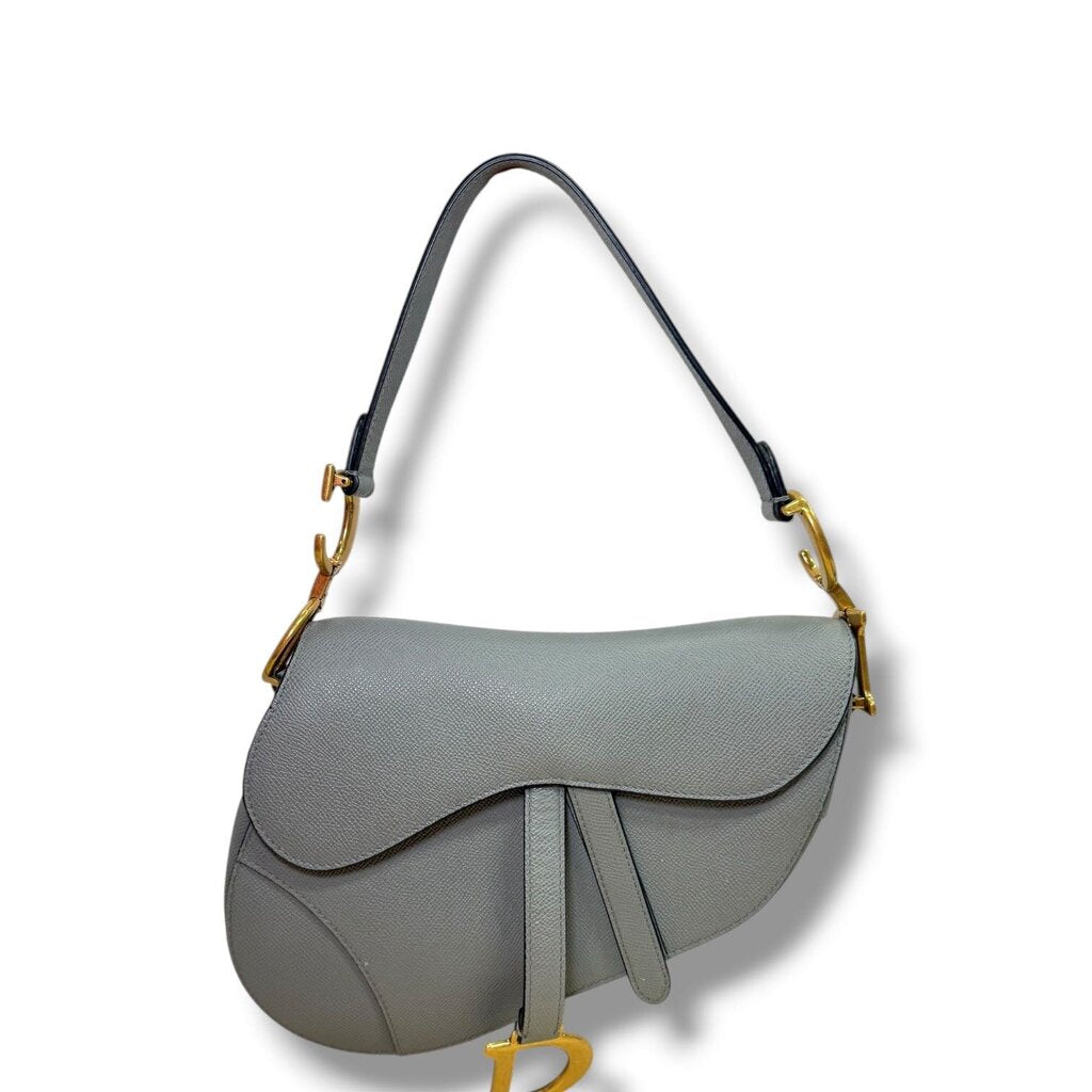 Christian Dior Saddle Grained Calfskin Shoulder Bag Stone Gray Medium