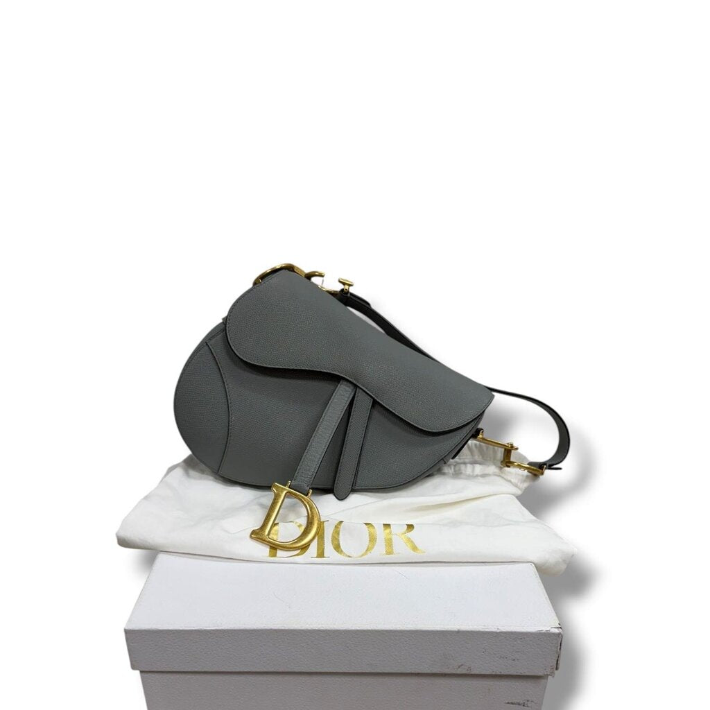 Christian Dior Saddle Grained Calfskin Shoulder Bag Stone Gray Medium