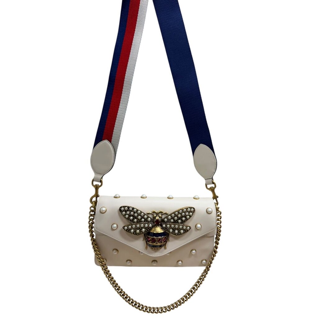 Gucci Broadway Pearly Bee Embellished Leather Shoulder Bag White