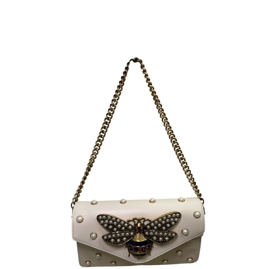 Gucci Broadway Pearly Bee Embellished Leather Shoulder Bag White