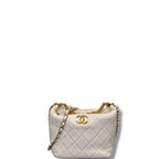 Chanel Crystal Logo Letters Chain Handle Hobo Quilted Lambskin Bag White Small
