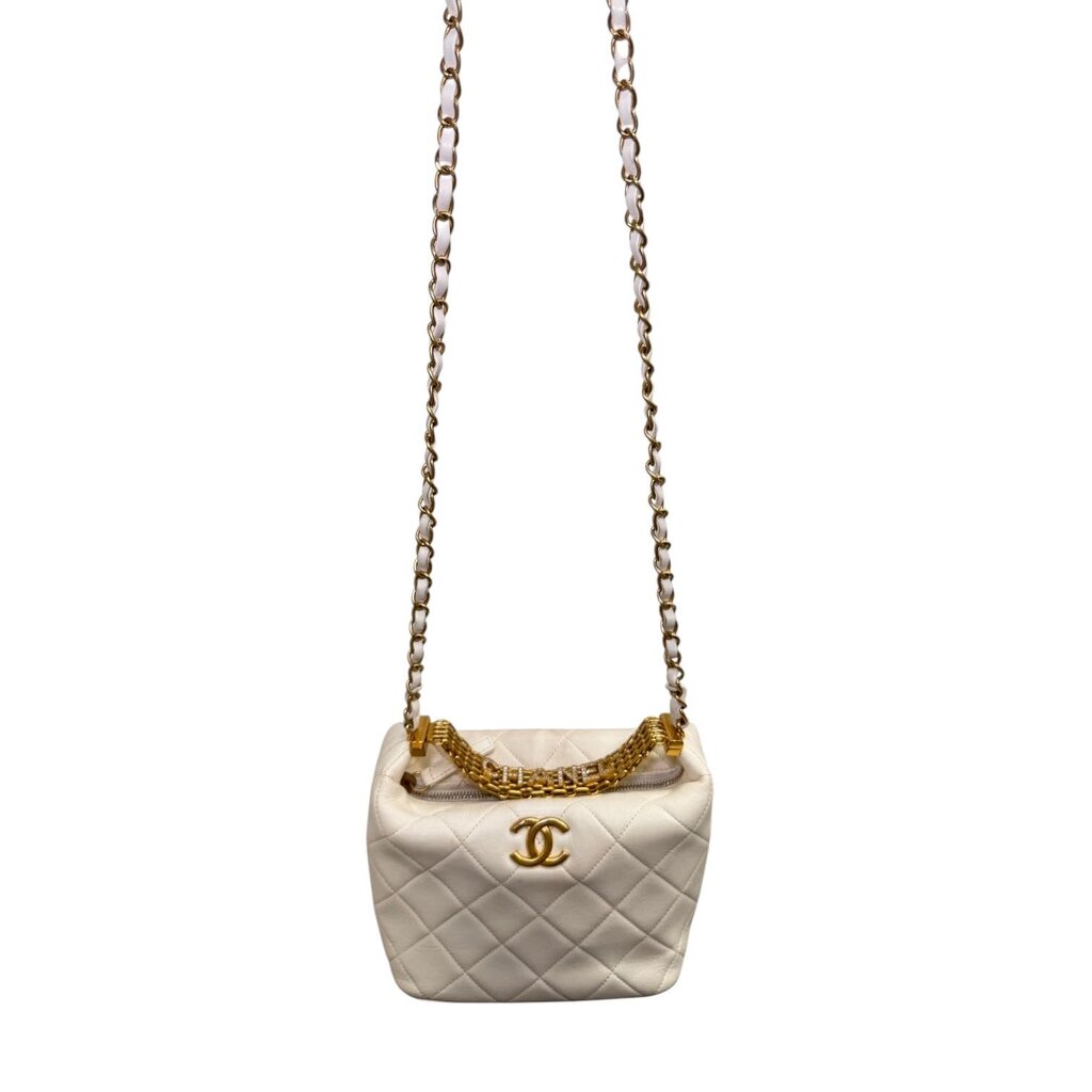 Chanel Crystal Logo Letters Chain Handle Hobo Quilted Lambskin Bag White Small