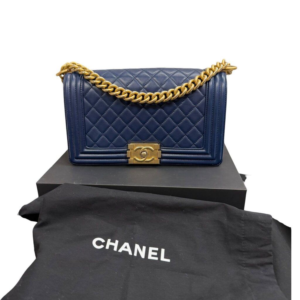 Chanel Lambskin Leather Boy Bag Navy Blue Medium