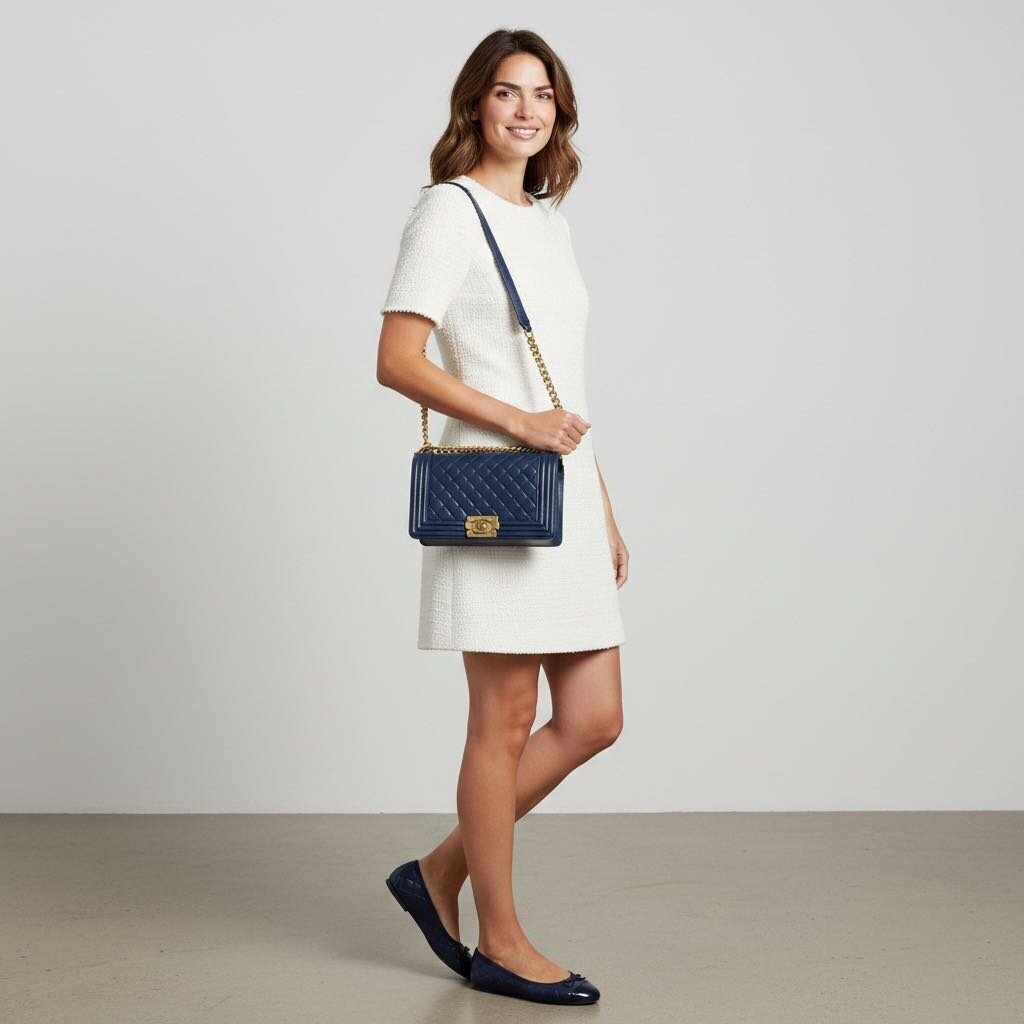 Chanel Lambskin Leather Boy Bag Navy Blue Medium