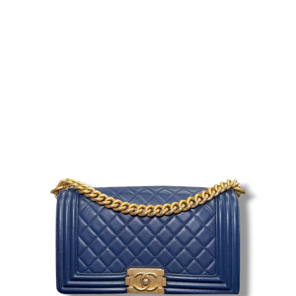 Chanel Lambskin Leather Boy Bag Navy Blue Medium