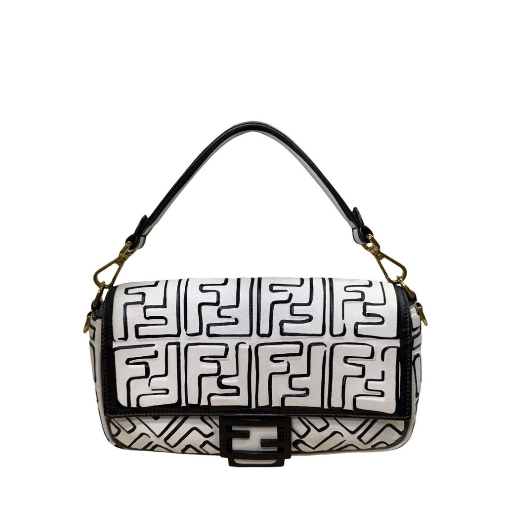 Fendi X Joshua Vides Nappa Zucca FF Leather Baguette Bag White NM