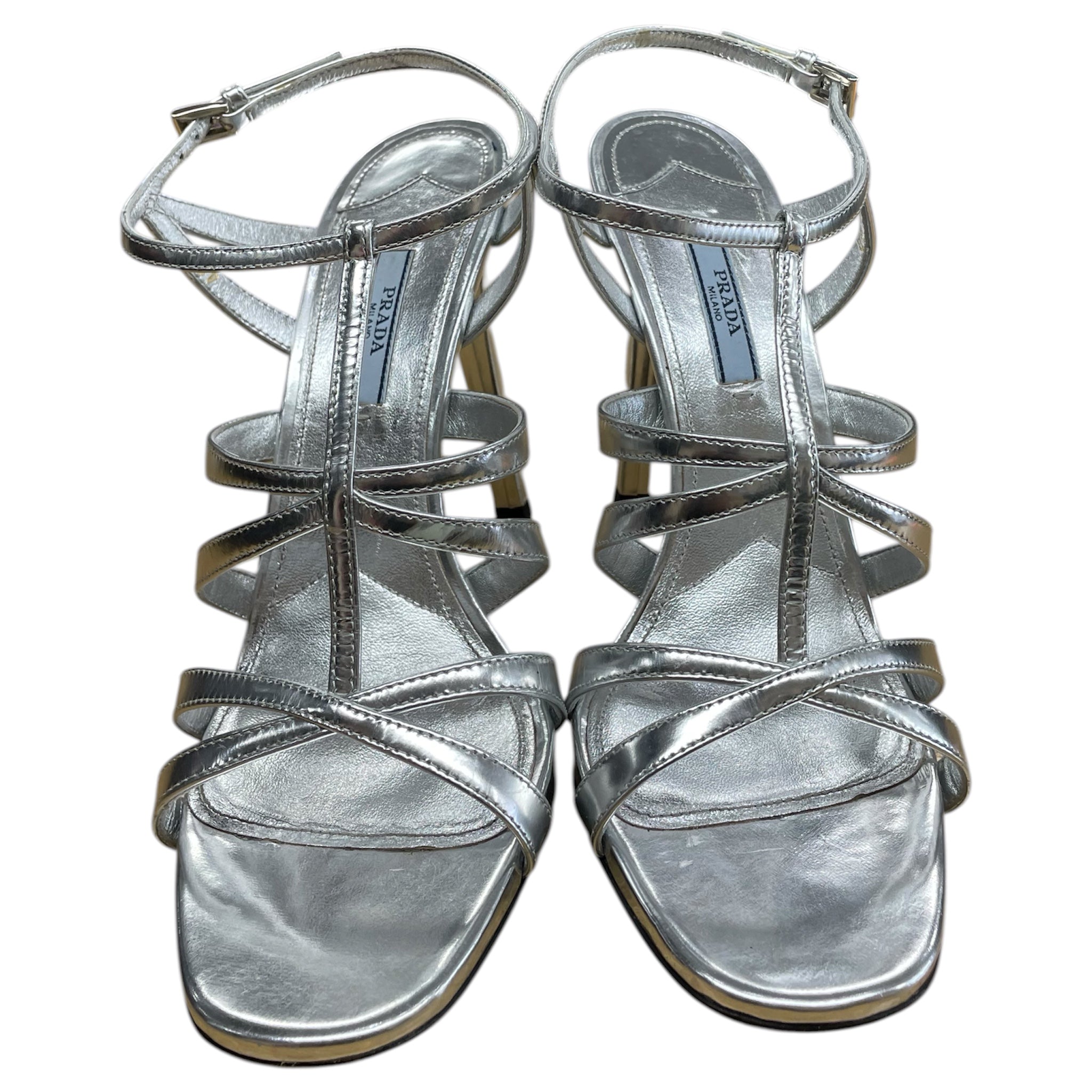 Sandals Luxury Designer By Prada In Silver, Size:10