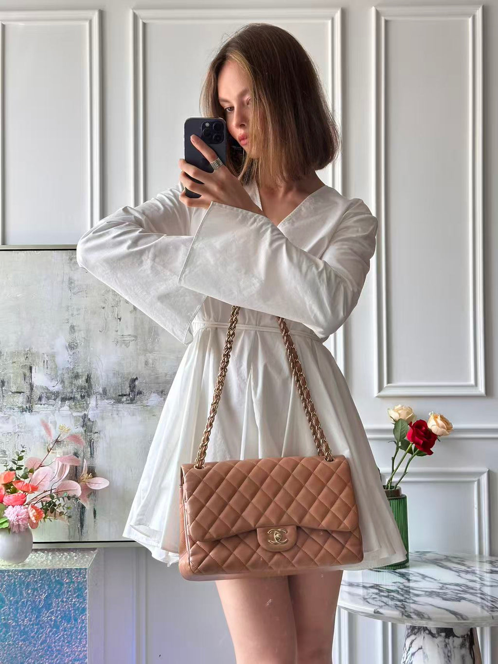 Chanel Classic Flap Bag Jumbo Camel Lambskin