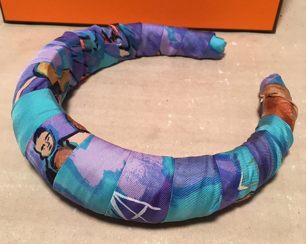 Hermes Handmade Vintage Blue Concerto Silk Scarf Wrapped Padded Headband Crown