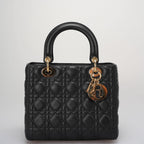 Dior Black Lady Dior Bag In Medium Size Cannage Lambskin Leather with GoId Hardware From 2016