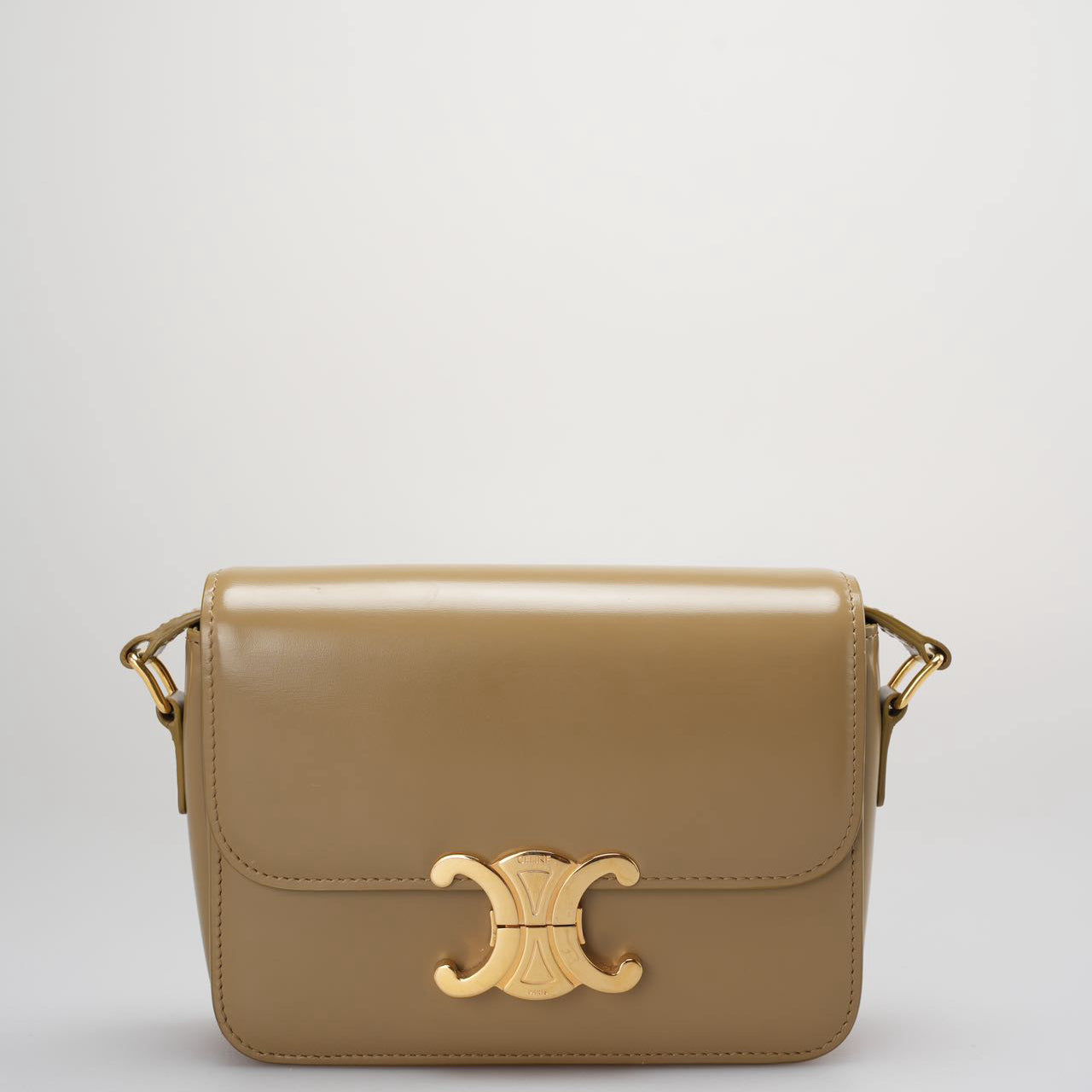 Celine Classic Triomphe Bag in Shiny Calfskin Smoke Brown Color