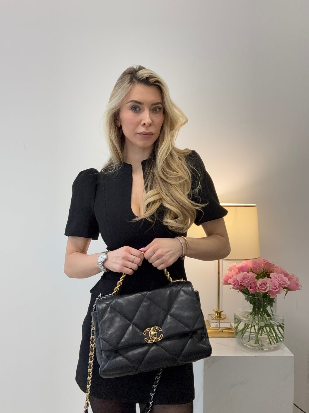 Chanel 19 Black Shiny Lambskin Leather Bag