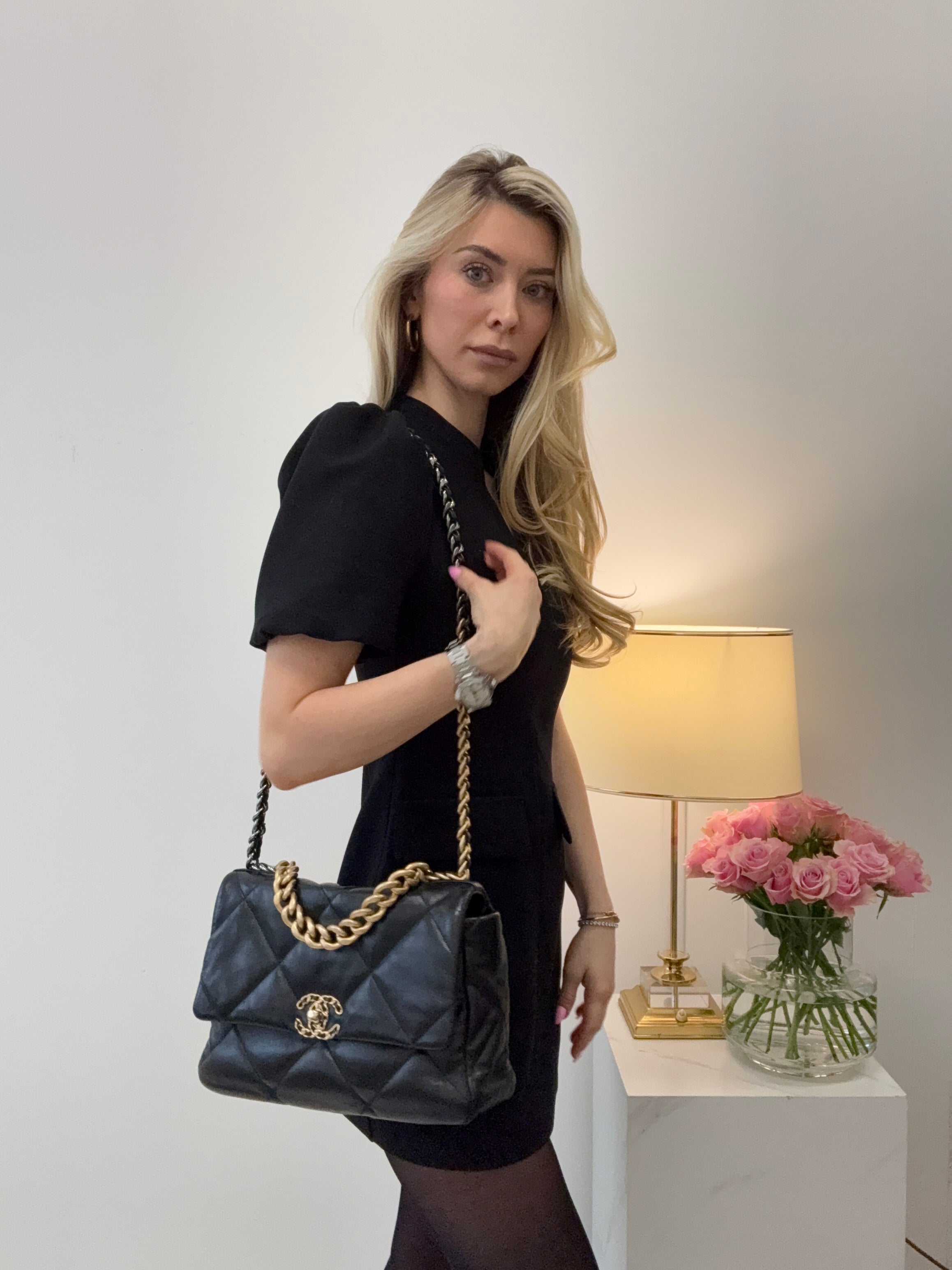 Chanel 19 Black Shiny Lambskin Leather Bag