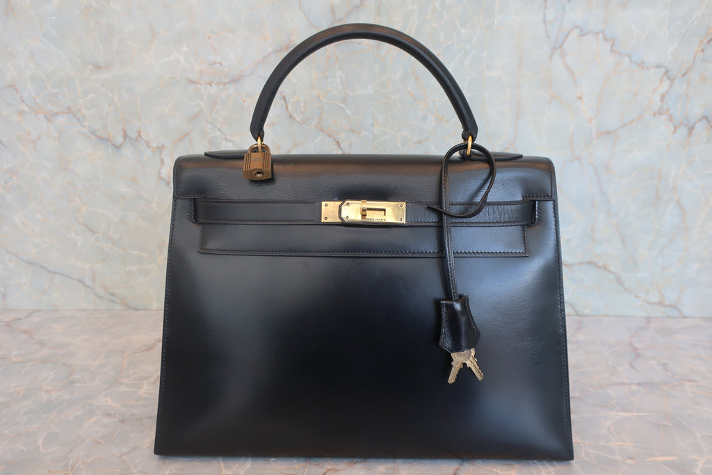 HERMES／エルメス ケリー32 ボックスカーフ ブラック 〇J刻印 ハンドバッグ 800030103