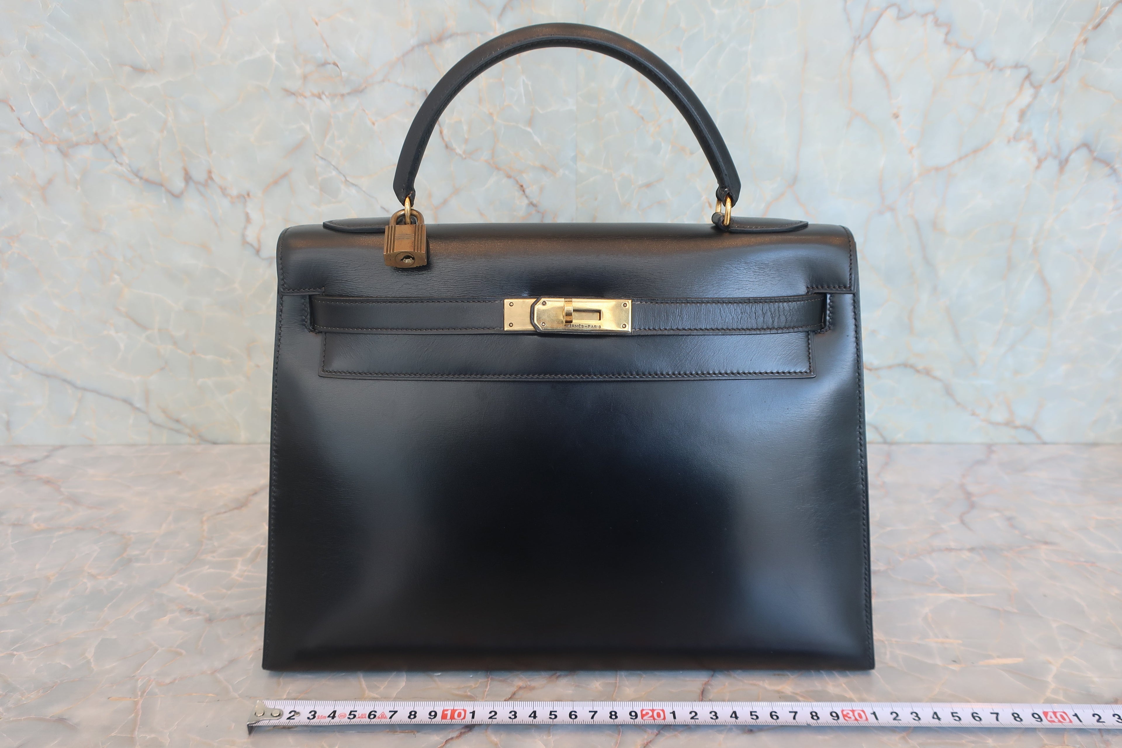 HERMES／エルメス ケリー32 ボックスカーフ ブラック 〇J刻印 ハンドバッグ 800030103