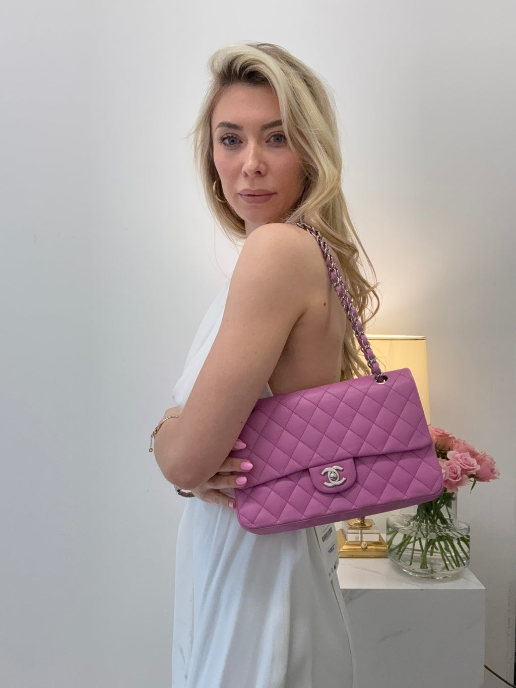 Chanel Medium Classic Double Flap Bag in Purple Leliac Lambskin Leather Silver Hardware
