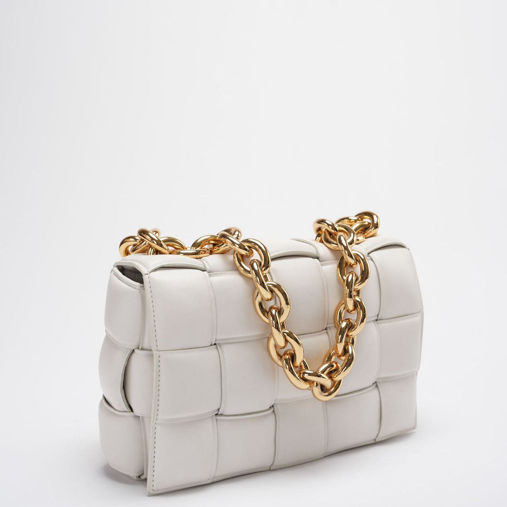 Bottega Veneta White Padded Chain Cassette Crossbody Bag Lambskin Leather