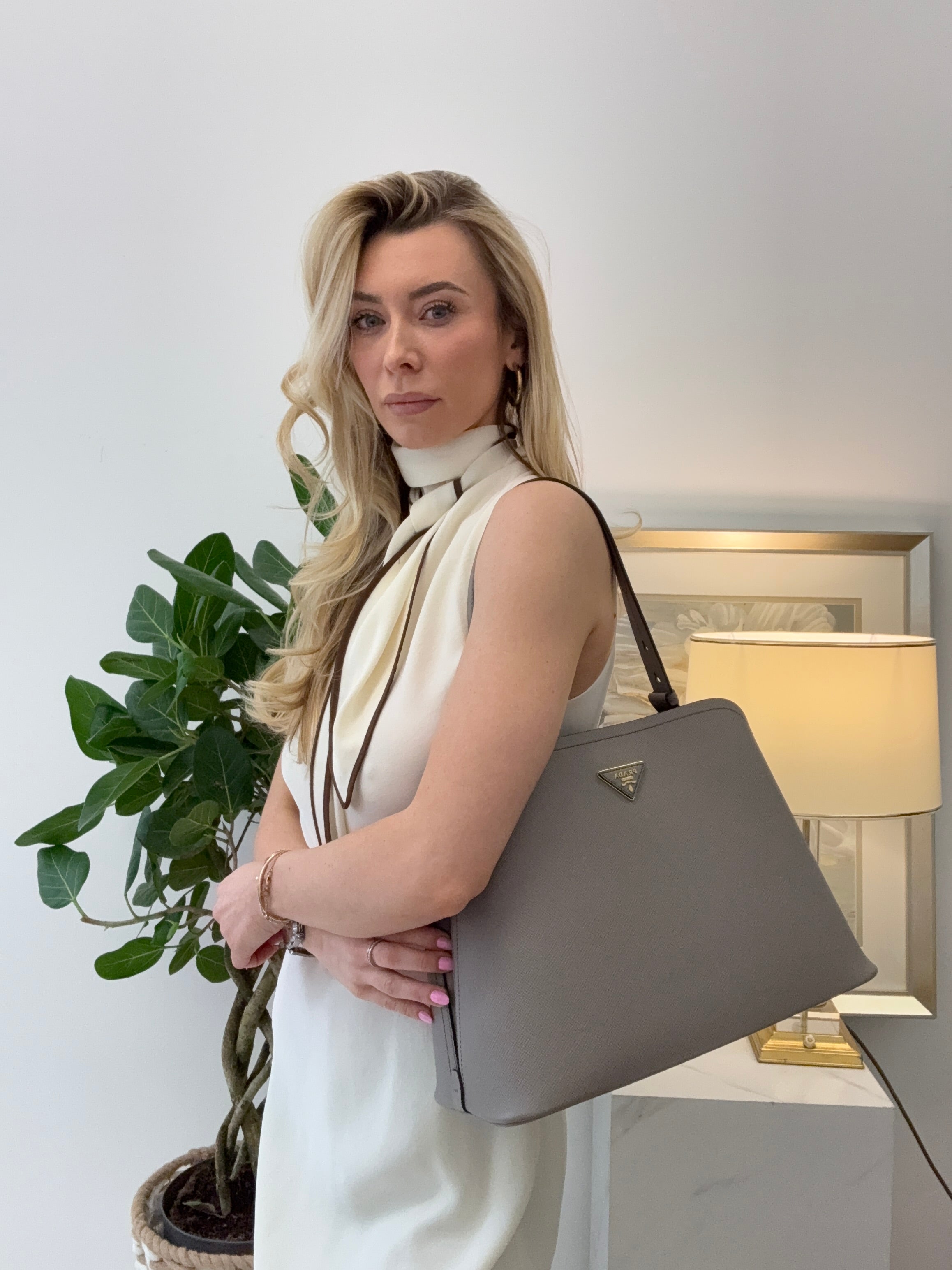 Prada Gray Saffiano Matinee Medium Bag