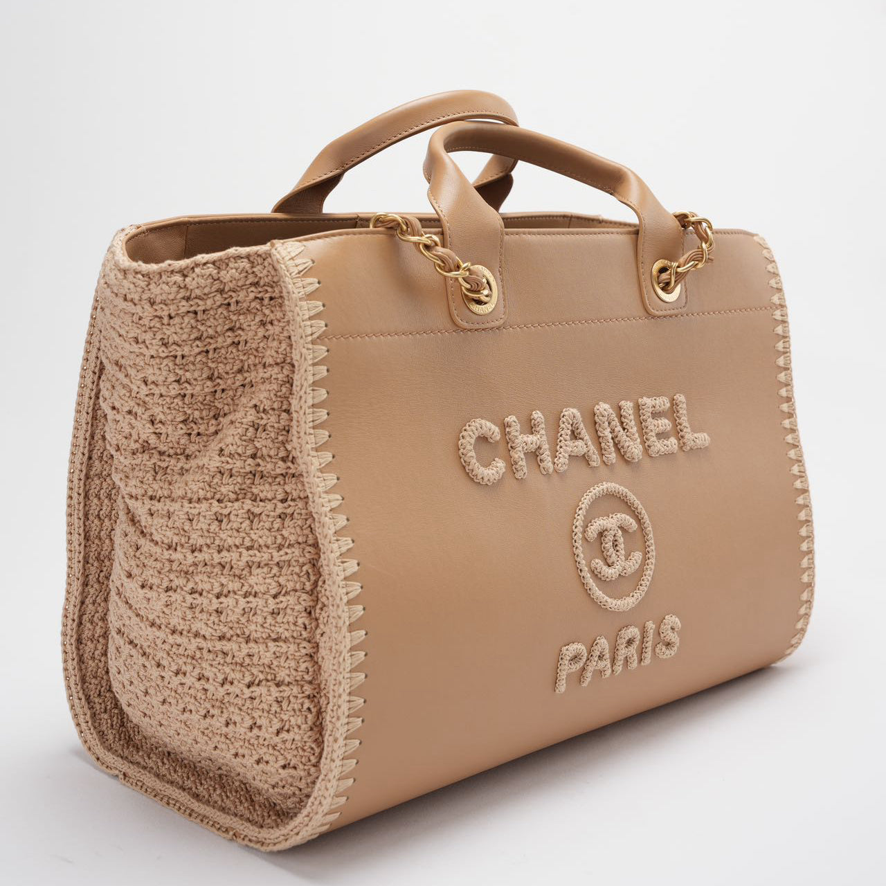 Chanel Deauville Tote Bag in Camel Calfskin Knit with Gold-Tone Hardware Medium