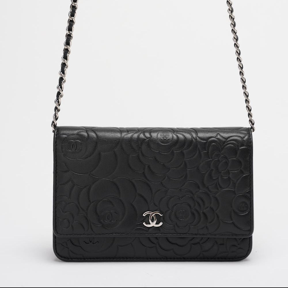 Chanel Wallet On Chain (Woc) Camellia Black Lambleather Silver Hardware