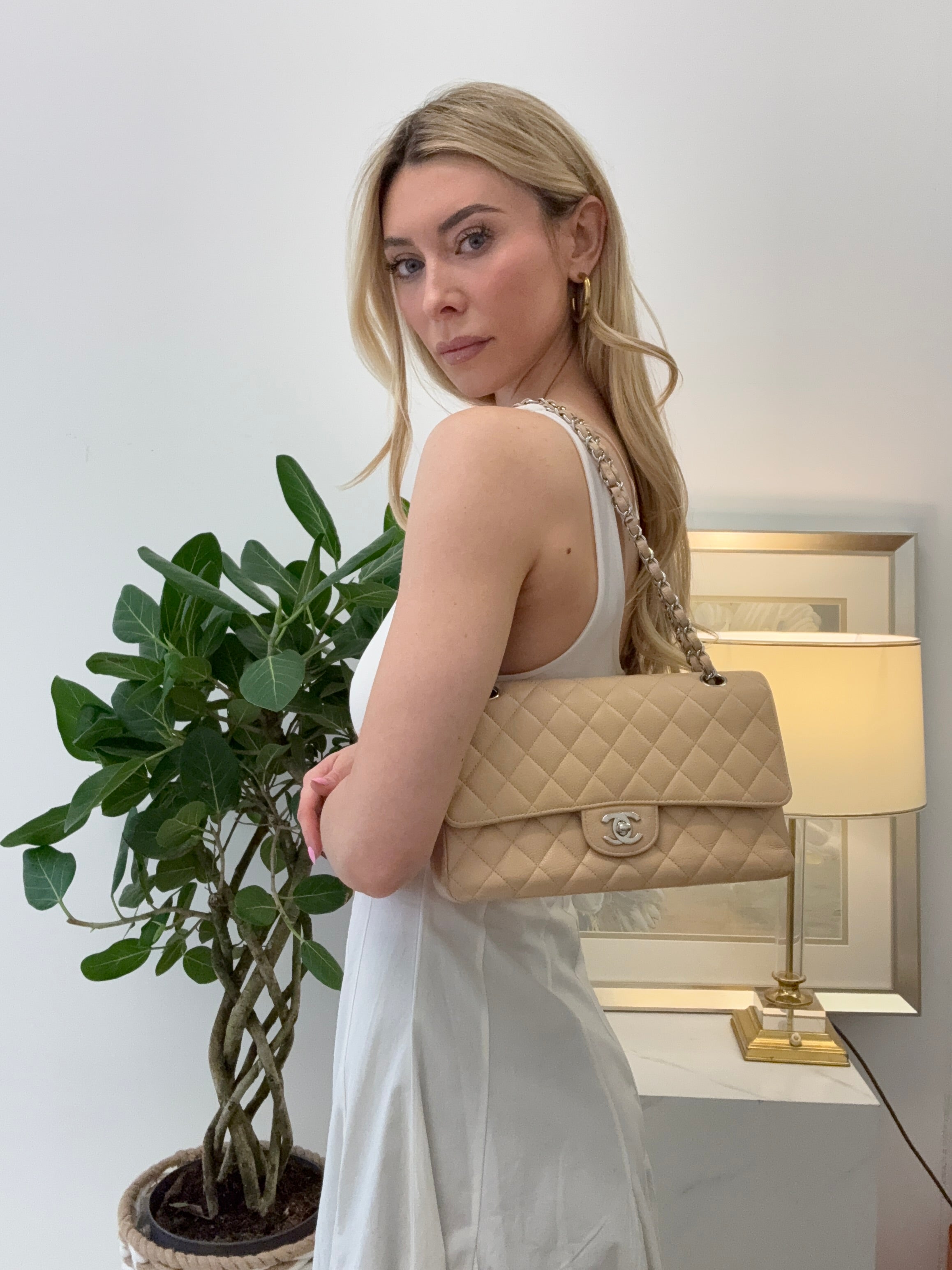 Chanel Beige Classic Double Flap Bag Medium in Quilted Caviar Leather with Silver Hardware