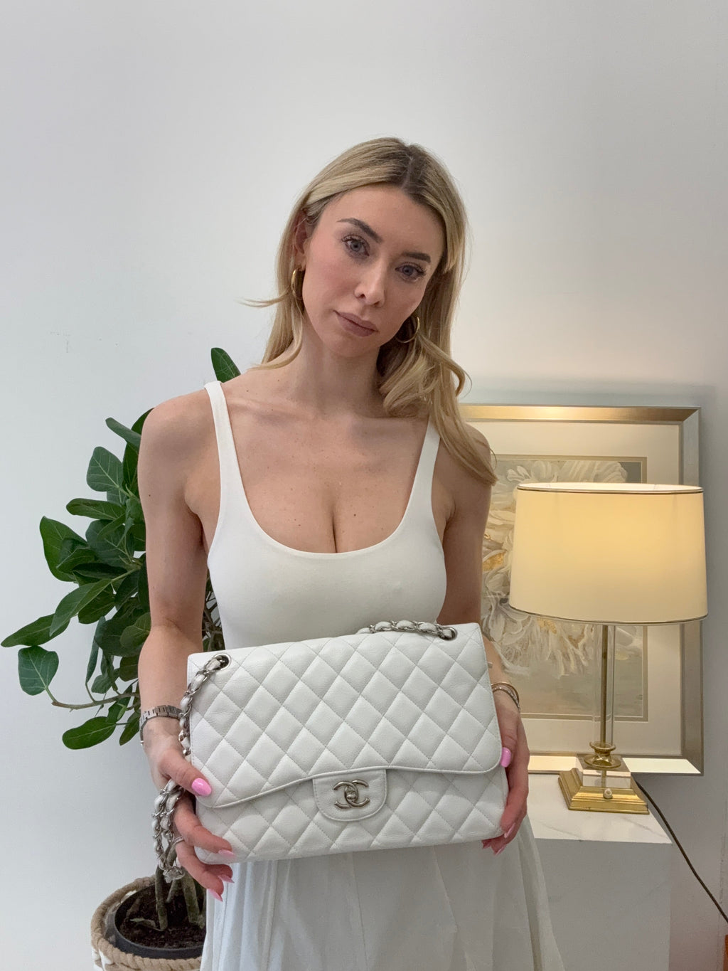 Chanel White Jumbo Classic Double Flap Bag in Caviar Leather with Silver Hardware