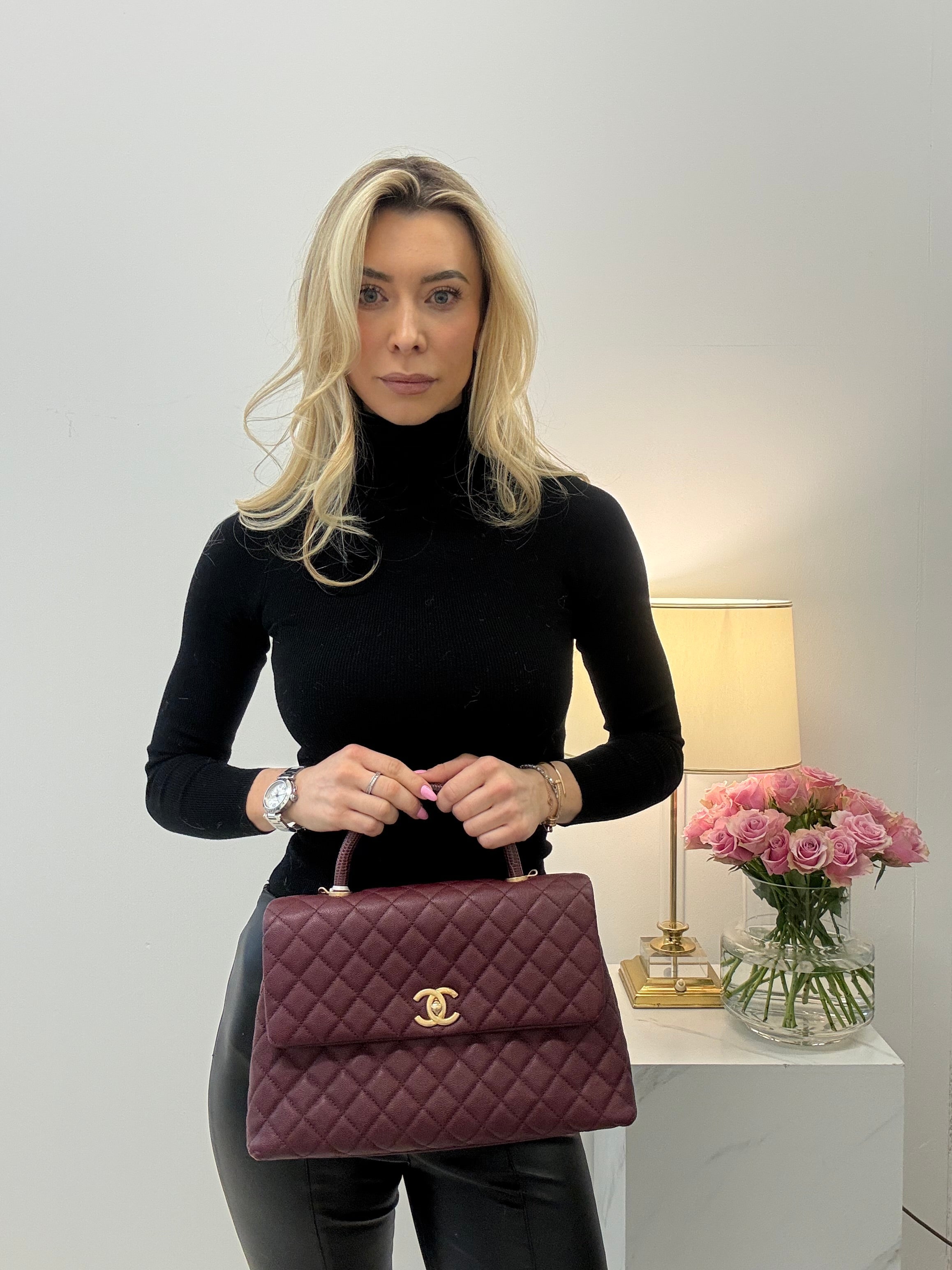 Chanel Burgundy Quilted Coco Lizard Handle Flap Caviar 2017