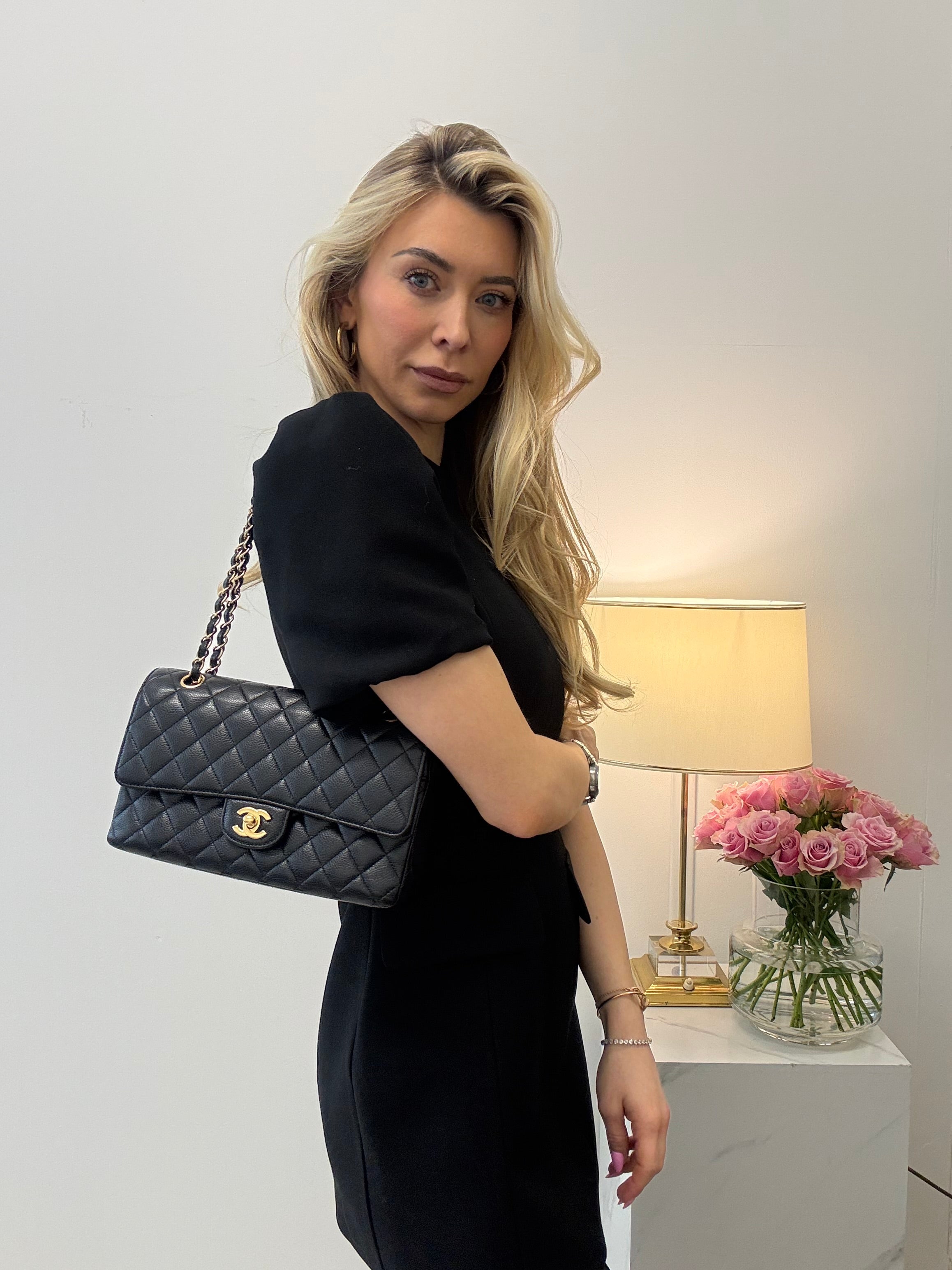 Chanel Black Medium Classic Double Flap Quilted Caviar 2016
