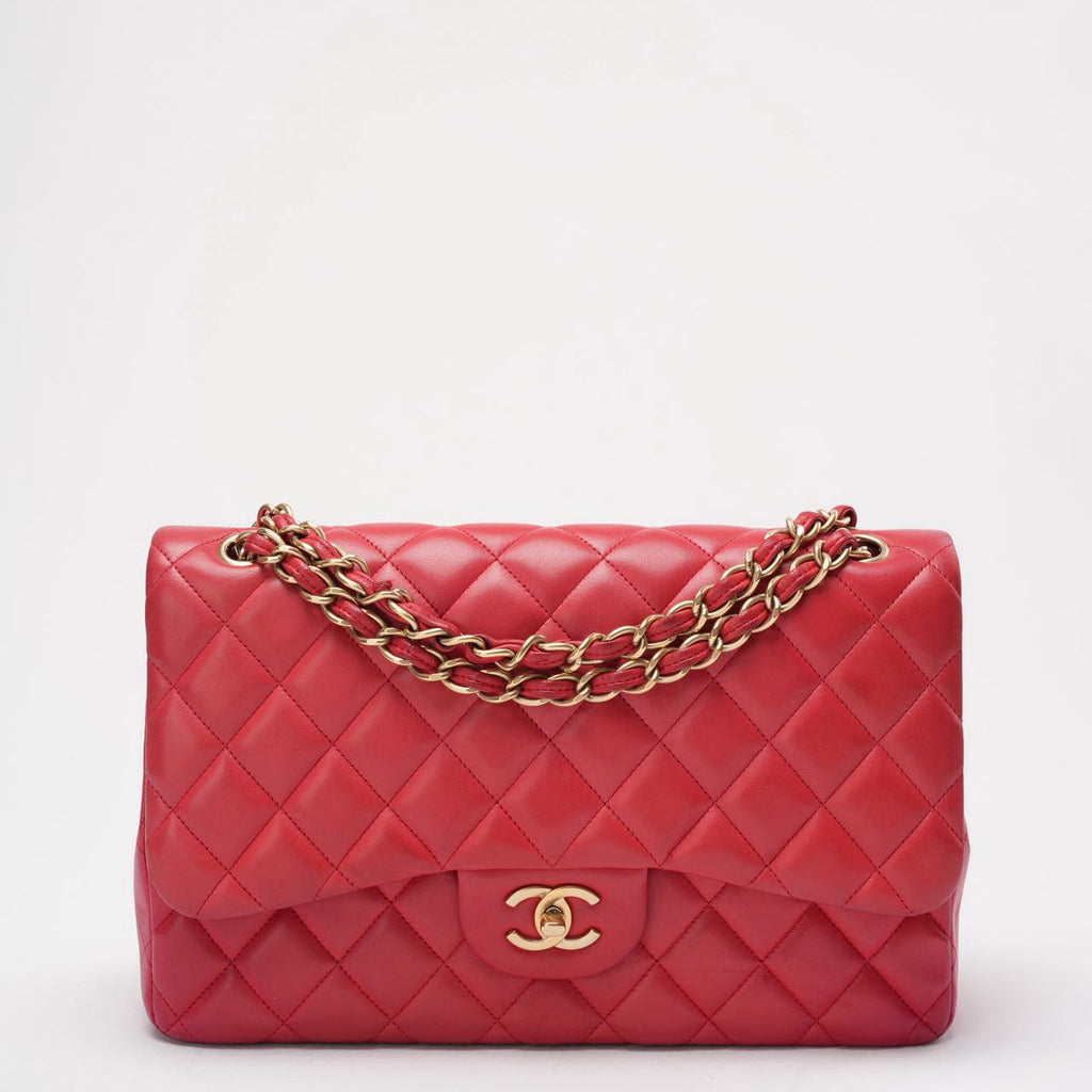 Chanel Timeless Classic Double Flap Jumbo Bag Red Lambskin Preloved