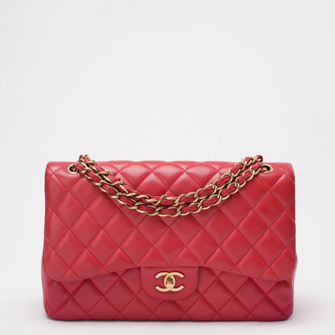Chanel Timeless Classic Double Flap Jumbo Bag Red Lambskin Preloved