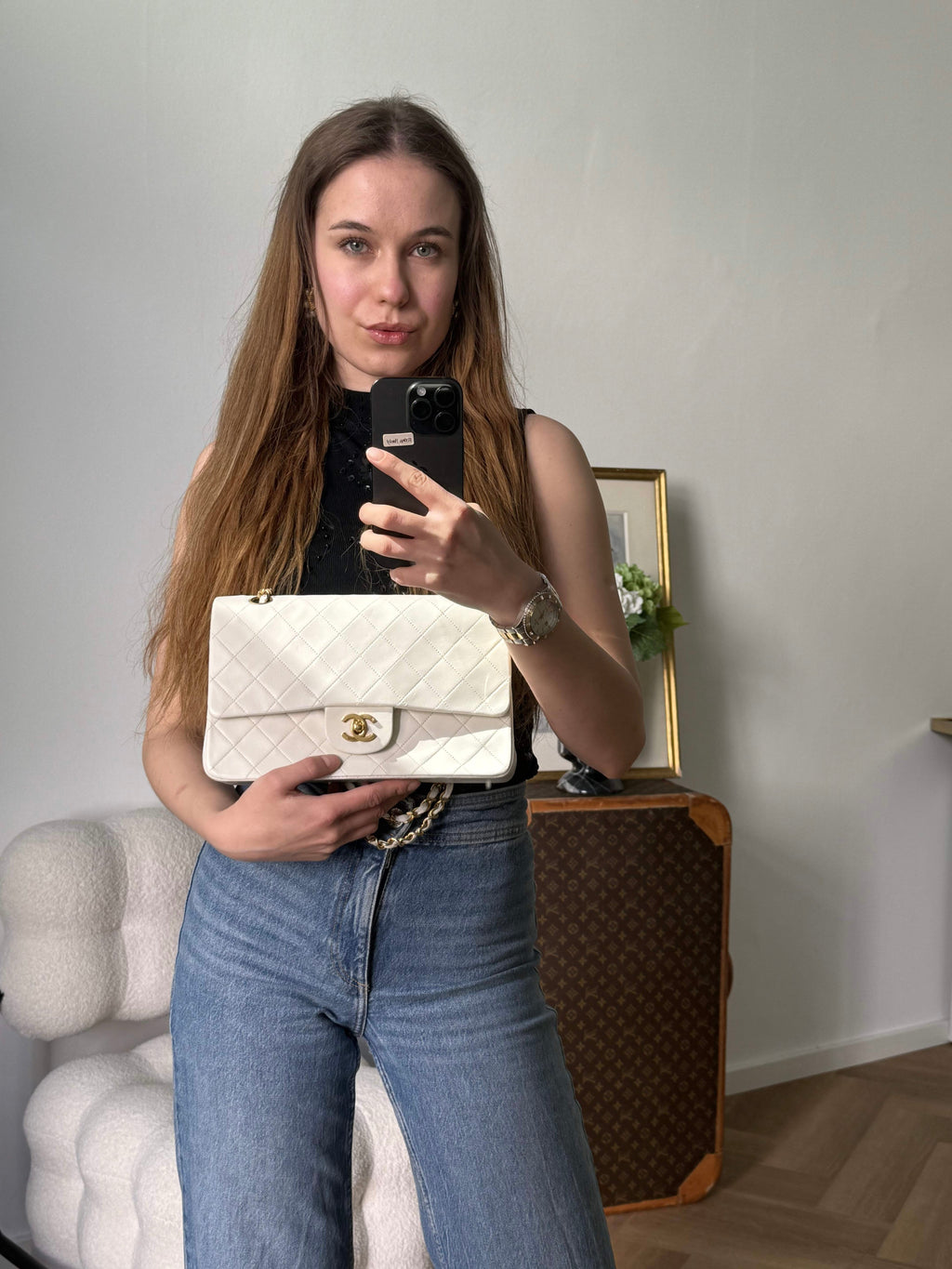 Chanel Vintage White Classic Double Flap Bag with 24k Gold Hardware