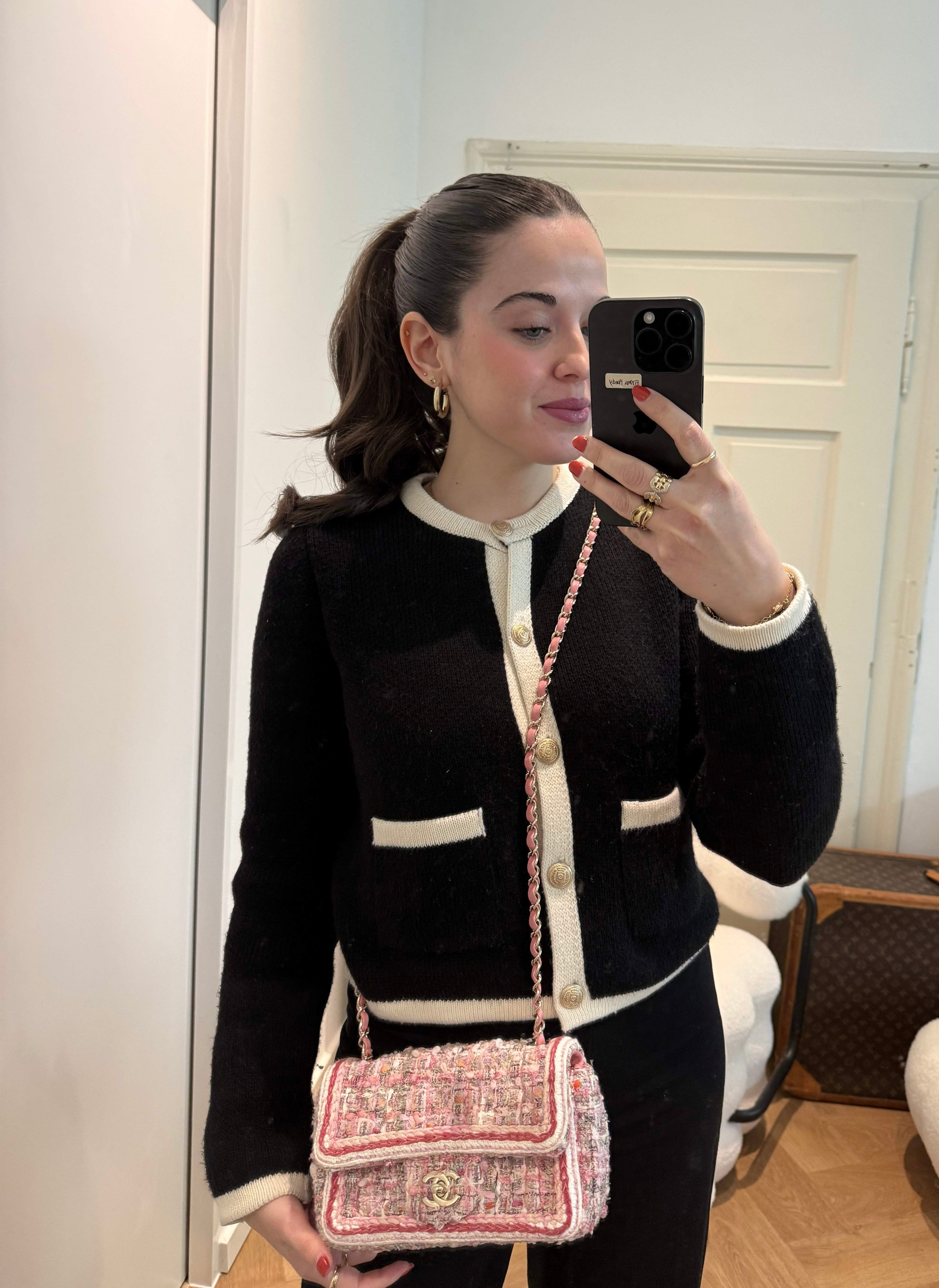 Chanel Tweed Classic Mini Flap Rectangle Bag in White and Pink with Gold Hardware