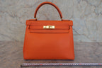 HERMES／エルメス ケリー28 ヴォーガリバー オレンジ 〇V刻印 ショルダーバッグ 800020019