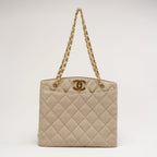 Chanel Vintage Linen Coco Mark Chain Shoulder Bag Beige 1996