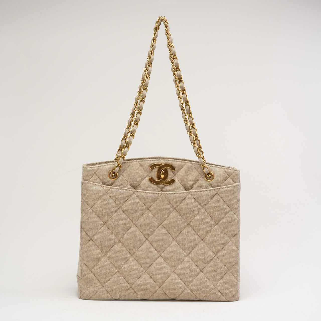Chanel Vintage Linen Coco Mark Chain Shoulder Bag Beige 1996