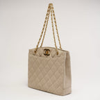 Chanel Vintage Linen Coco Mark Chain Shoulder Bag Beige 1996