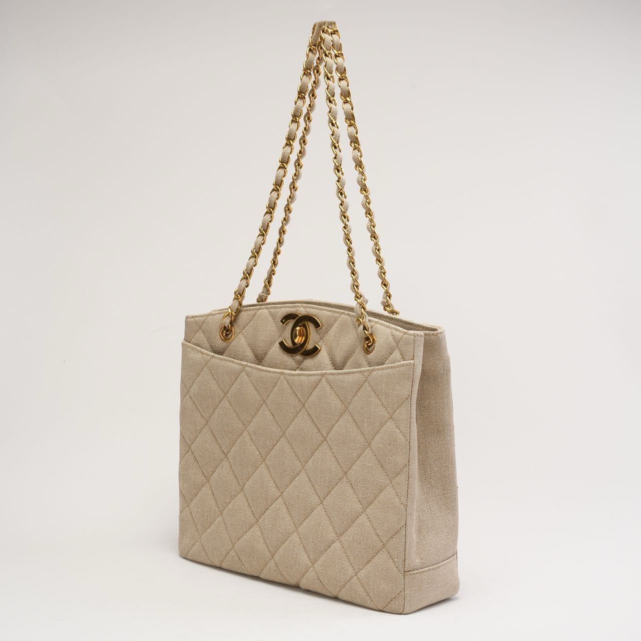 Chanel Vintage Linen Coco Mark Chain Shoulder Bag Beige 1996