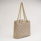 Chanel Vintage Linen Coco Mark Chain Shoulder Bag Beige 1996