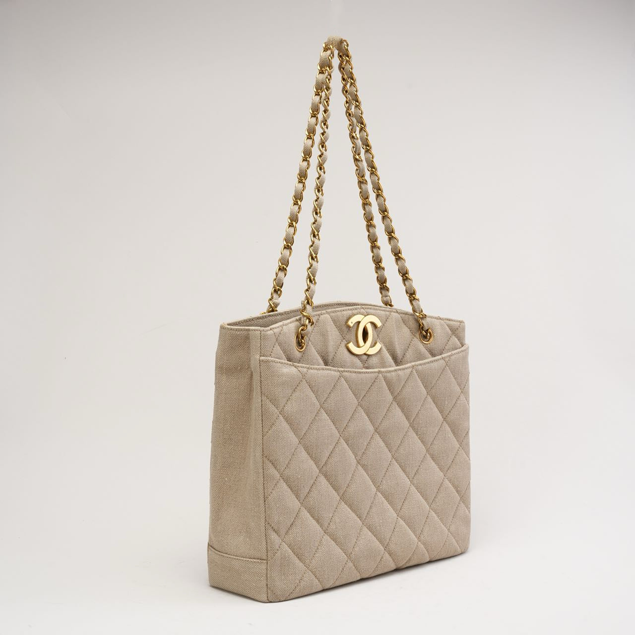 Chanel Vintage Linen Coco Mark Chain Shoulder Bag Beige 1996