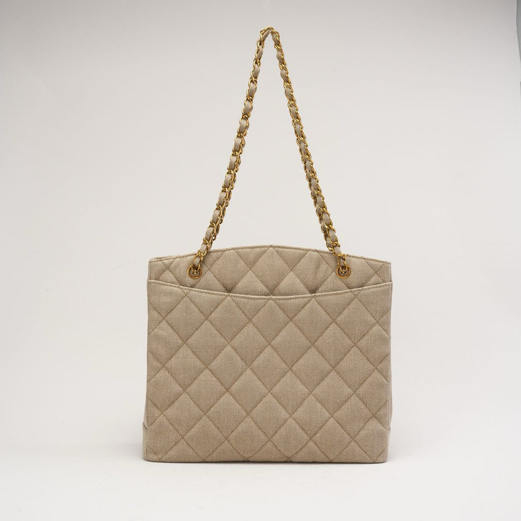 Chanel Vintage Linen Coco Mark Chain Shoulder Bag Beige 1996