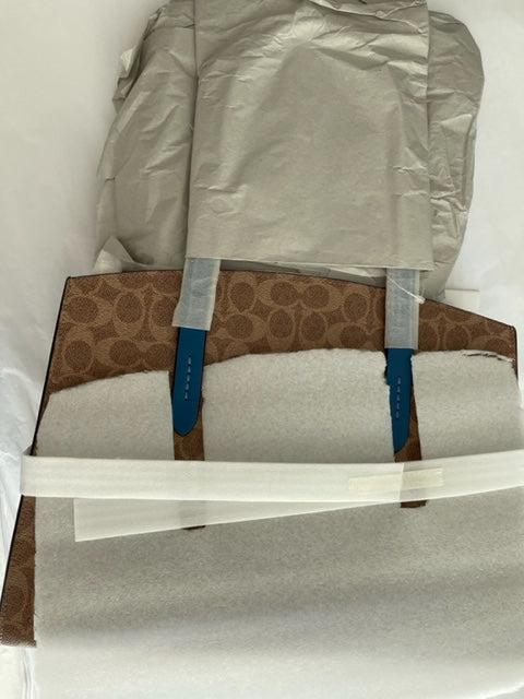Coach Charlie Carryall Tan Dark Denim Colorblock Signature Canvas Charcoal Handbag NEW