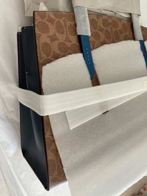 Coach Charlie Carryall Tan Dark Denim Colorblock Signature Canvas Charcoal Handbag NEW