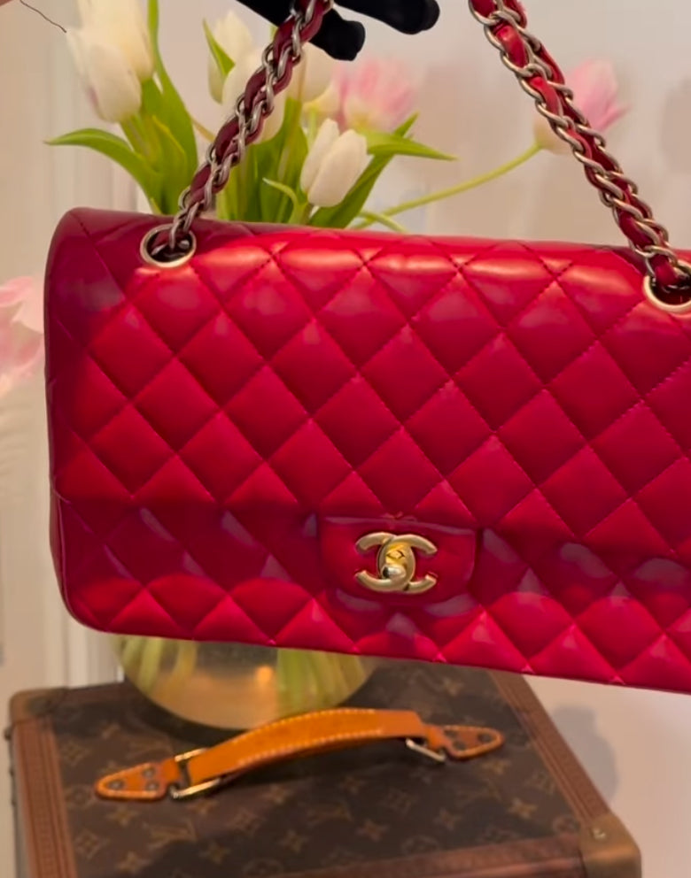 Chanel Red Classic Double Flap Bag in Medium Size Lambskin Leather With Gold Hardware