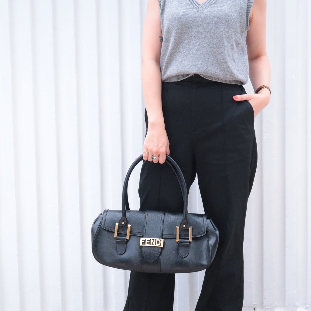 Fendi Logo Leather Hand Bag Shoulder Bag Black 8BN116