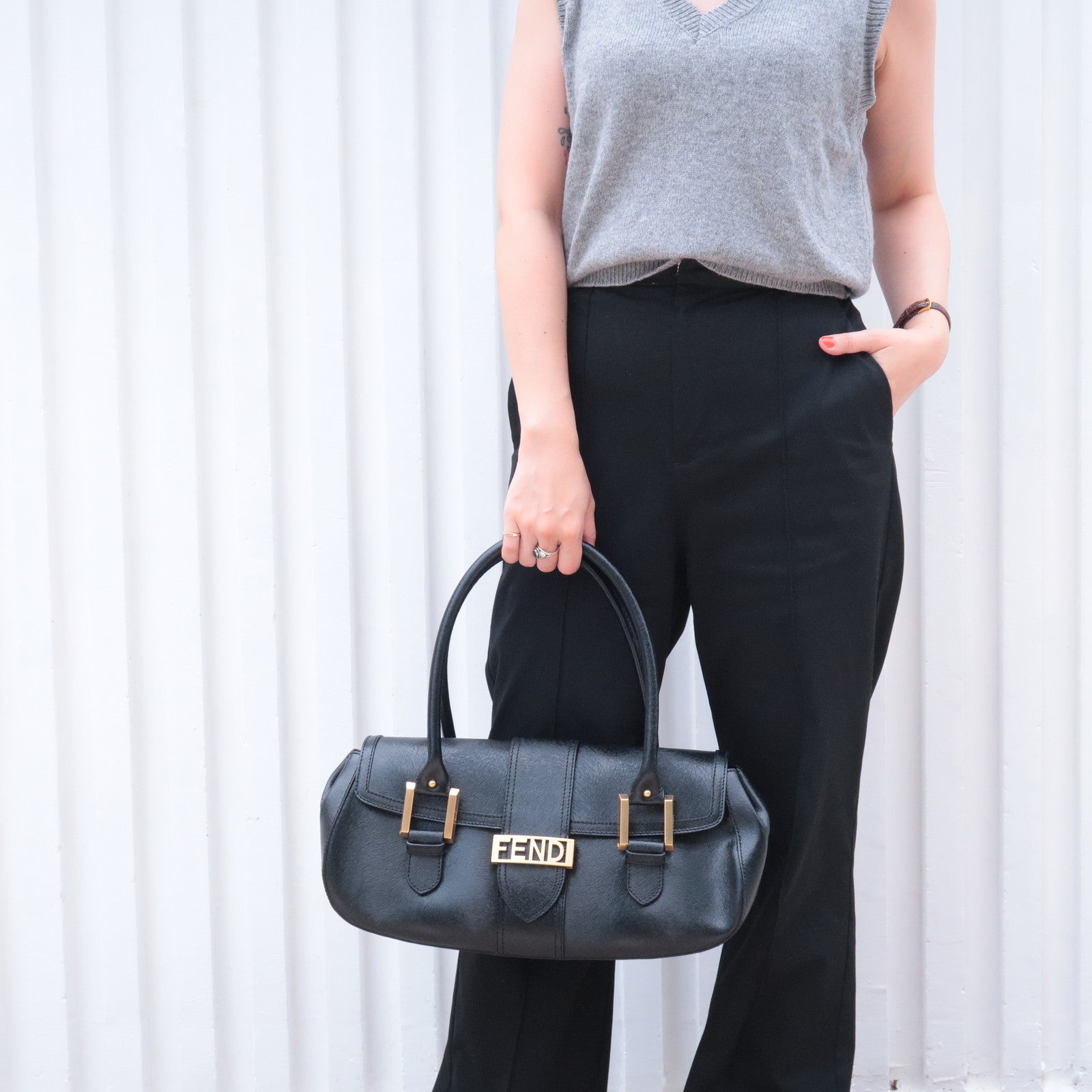 Fendi Logo Leather Hand Bag Shoulder Bag Black 8BN116