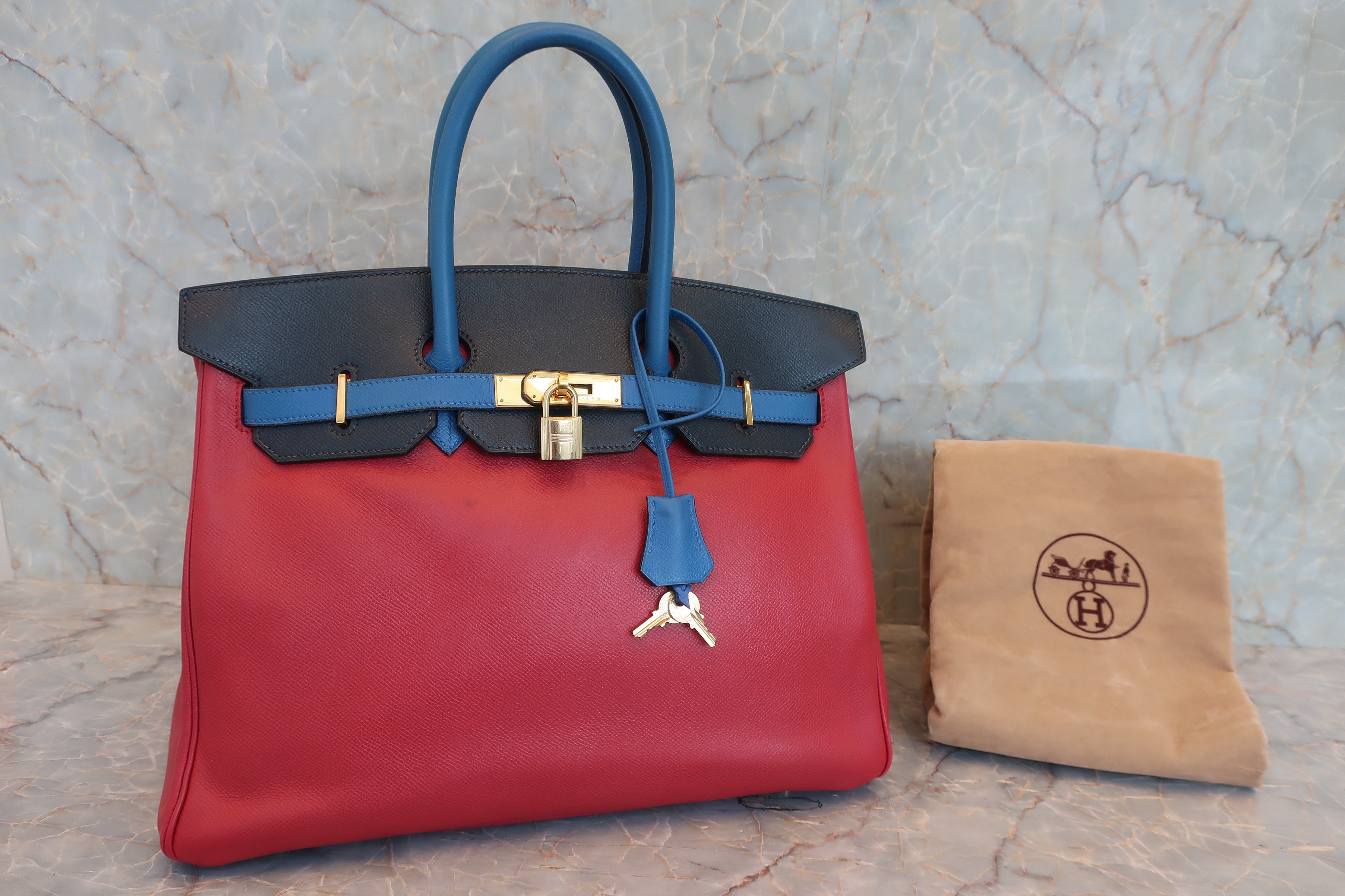 HERMES／エルメス バーキン35 トリコロール クシュベル ルージュヴィフ/ブルー/ネイビー □A刻印 ハンドバッグ 800020219