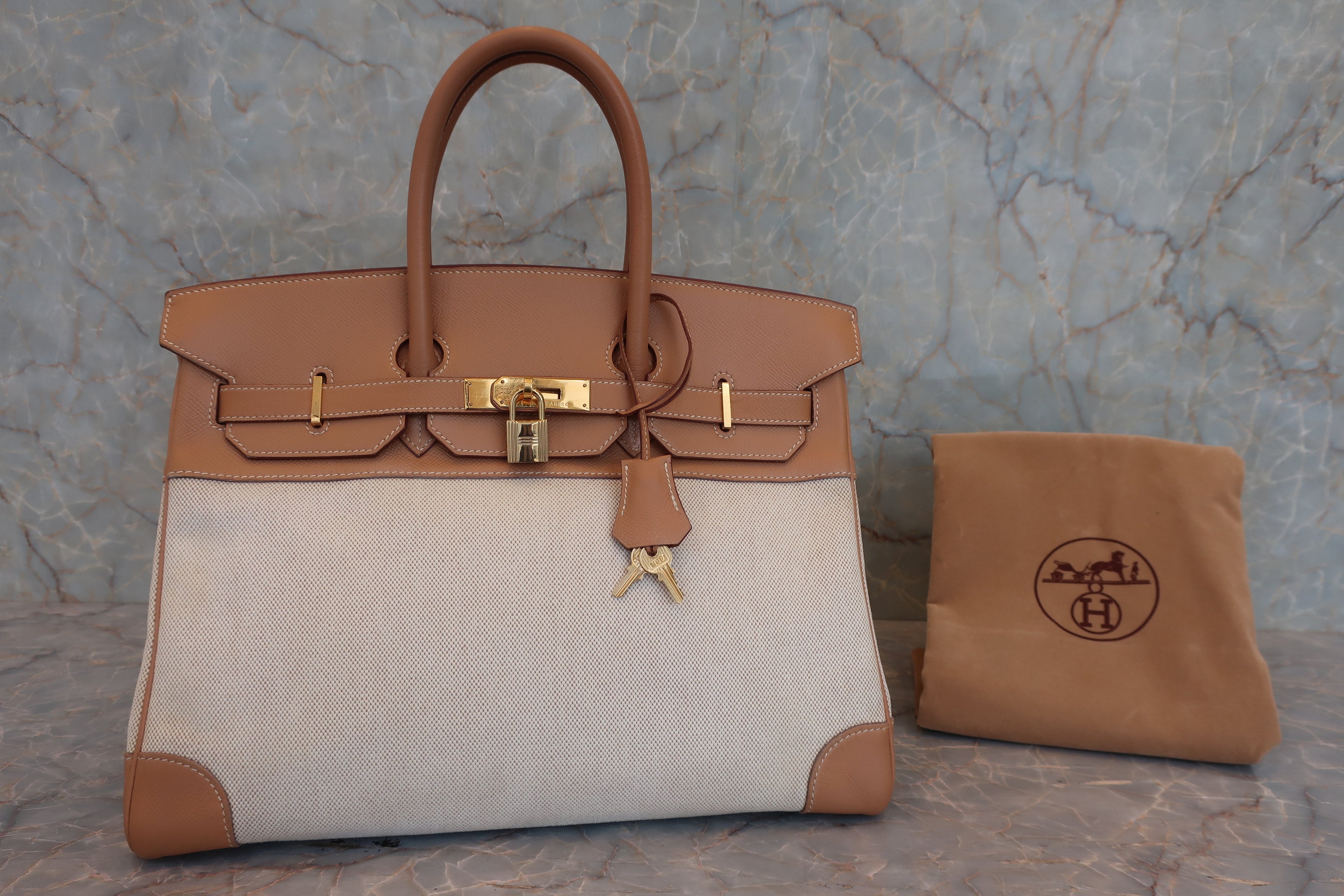 HERMES／エルメス バーキン35 トワルアッシュ/クシュベル ベージュ/ナチュラル □C刻印 ハンドバッグ 800030105
