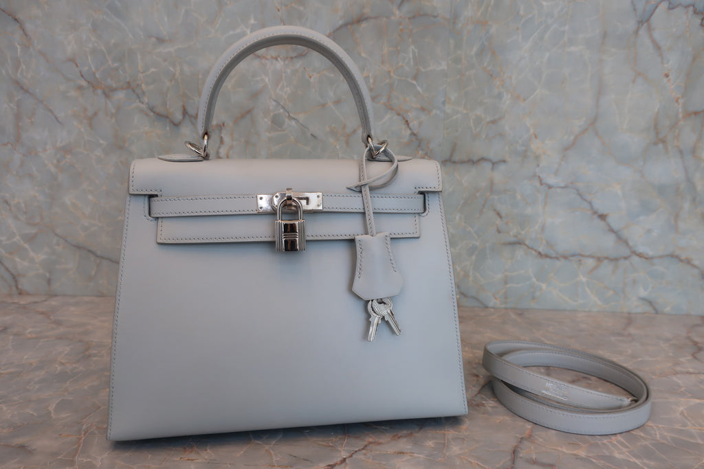 HERMES／エルメス ケリー25 ボックスカーフ ライトブルー □E刻印 ショルダーバッグ 800020031