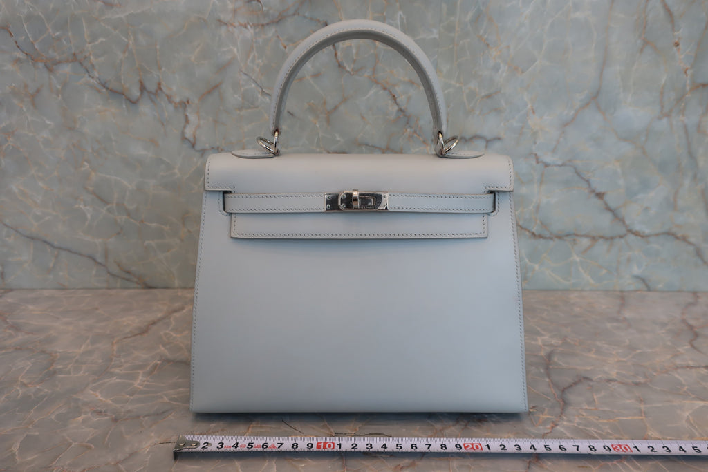 HERMES／エルメス ケリー25 ボックスカーフ ライトブルー □E刻印 ショルダーバッグ 800020031